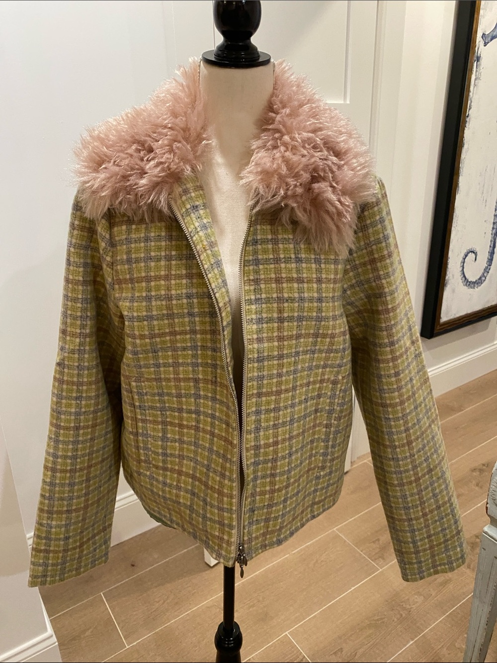 Kimchi Blue Green Plaid Jacket with Blush Teddy Collar